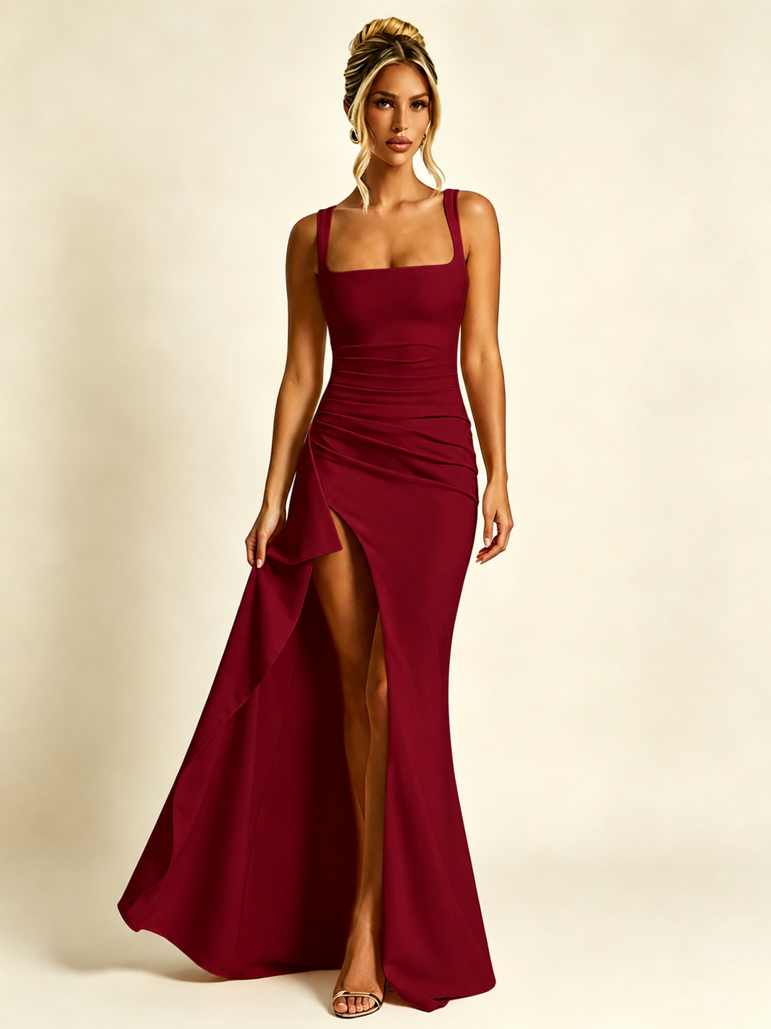 Square Neck Ruched Waist High Slit Mermaid Maxi Dress Ruffle Train Bodycon Bridesmaid Dress
