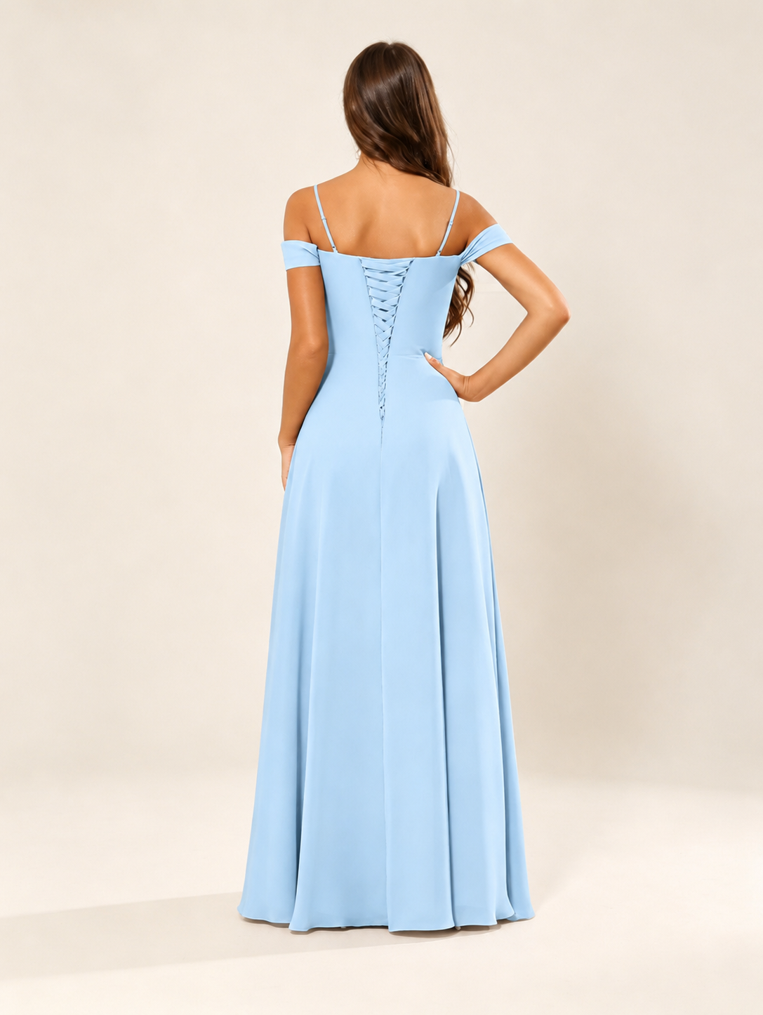 Off shoulder chiffon bridesmaid dress with high slit ruffle