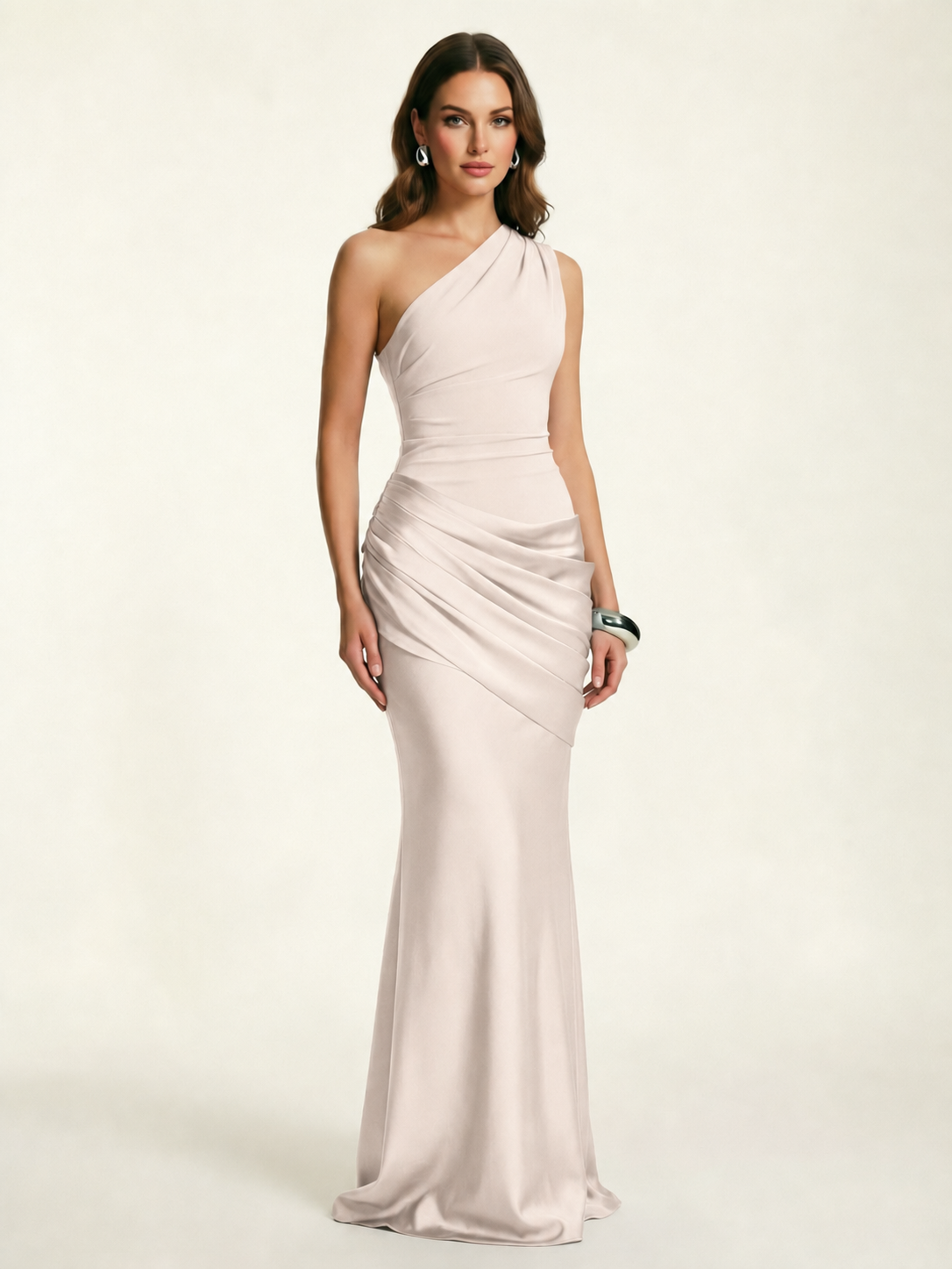 Single-shoulder satin floor-length evening dress