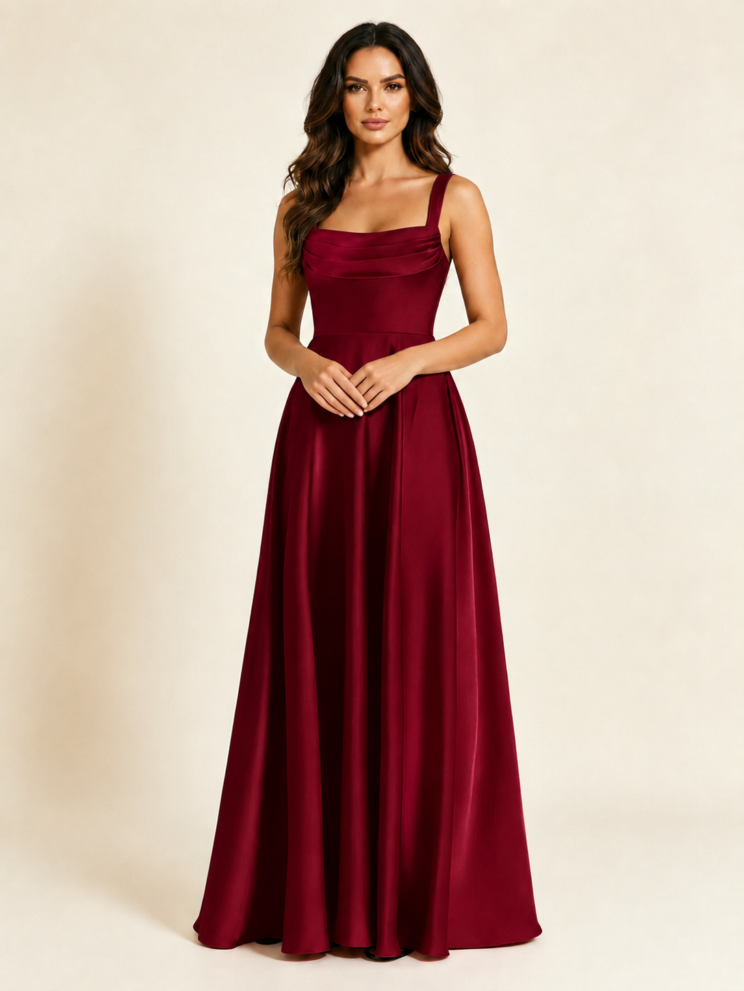 Satin Draped Cowl Square Neck A-Line Maxi Bridesmaid Dress