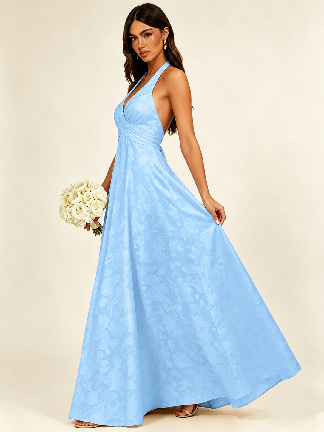 Floral Jacquard Halter Deep V A-Line Maxi Dress Backless Lace-Up Corset Bridesmaid Dress