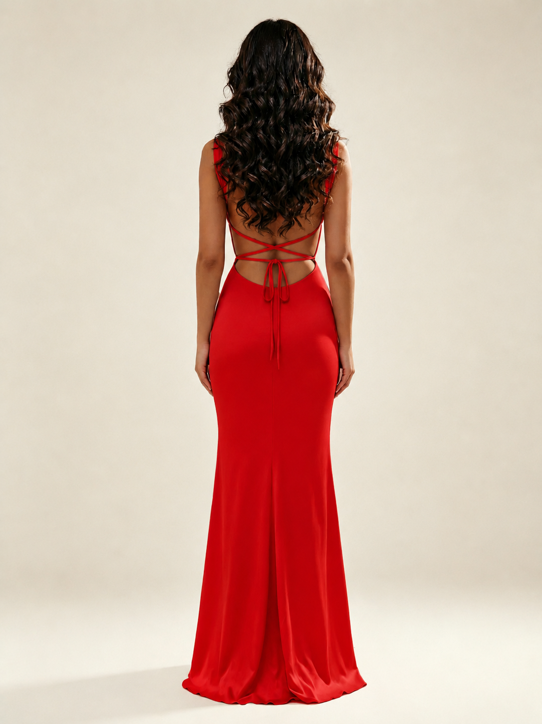 Satin Mermaid Bridesmaid Maxi Dress, Wide Strap Square Neck Cross Lace-Up Open Back