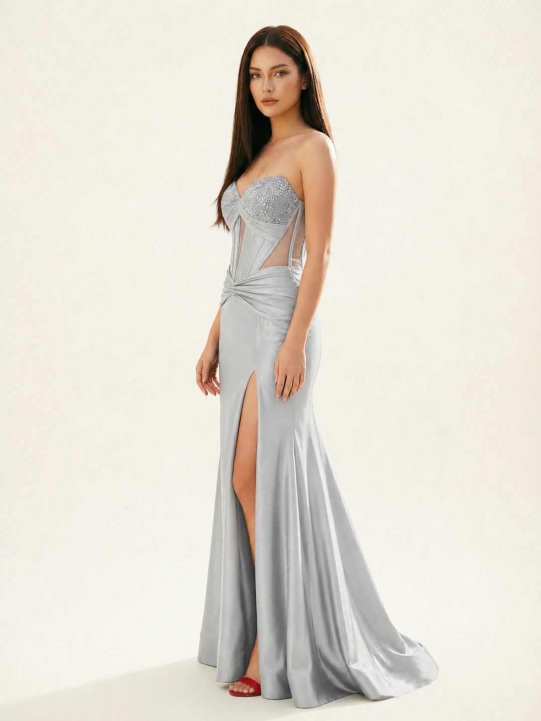 Strapless Corset Satin High Slit Mermaid Gown