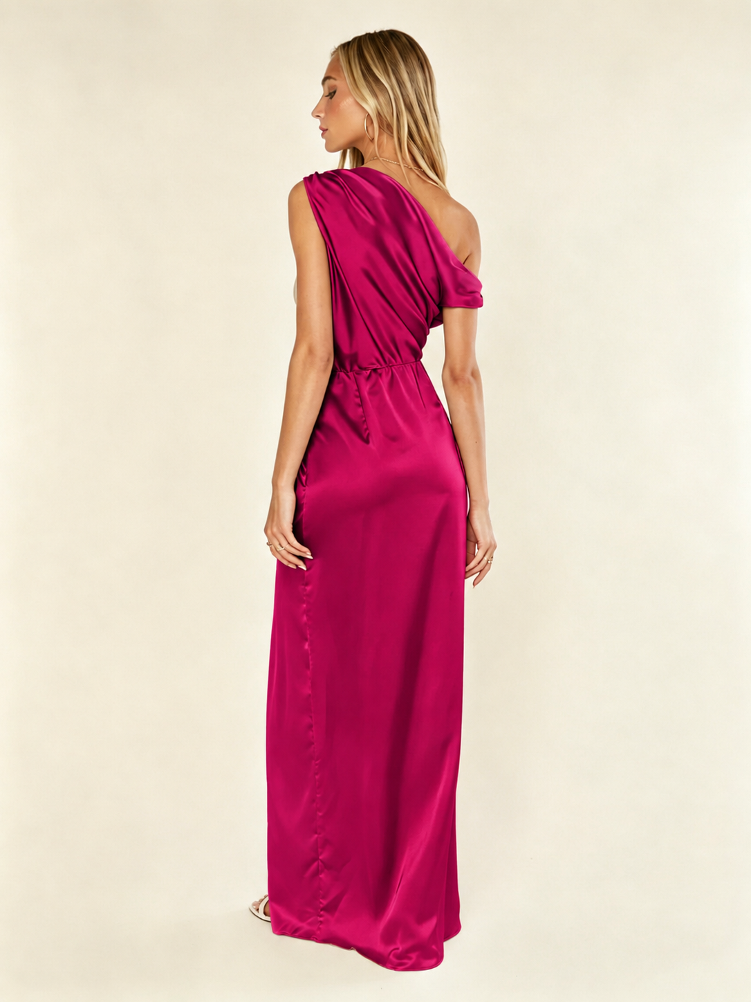Satin One Shoulder Maxi Dress Asymmetric Draped High Slit Bridesmaid Dress