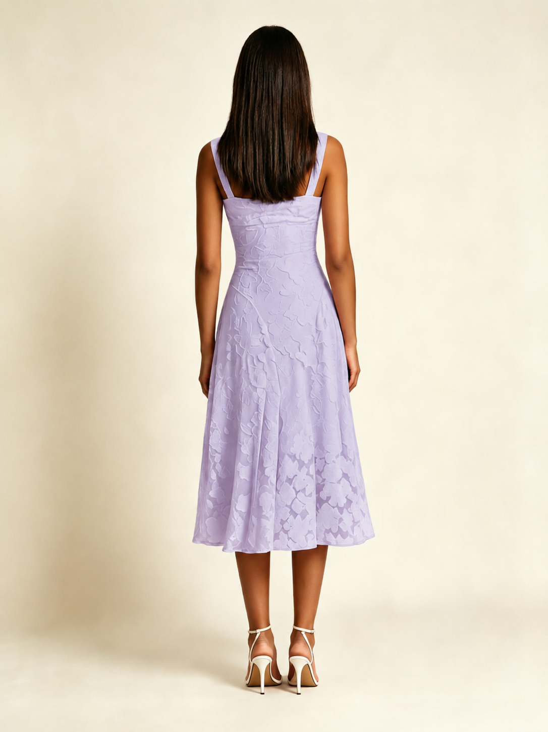 3D Floral Jacquard Square Neck Midi Dress
