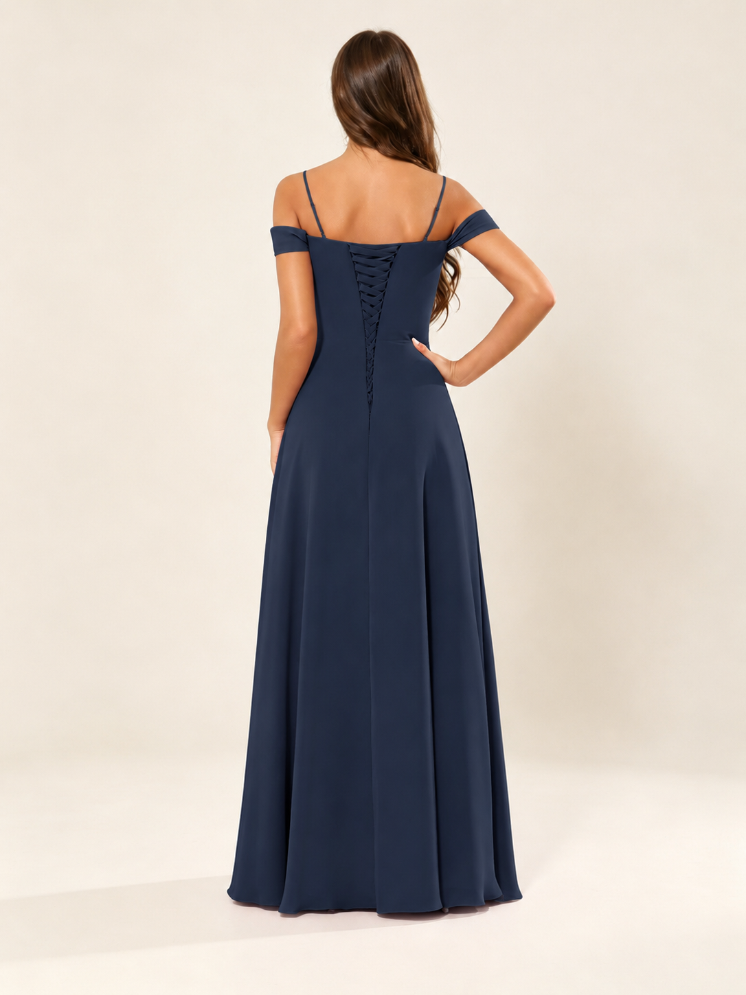 Off shoulder chiffon bridesmaid dress with high slit ruffle