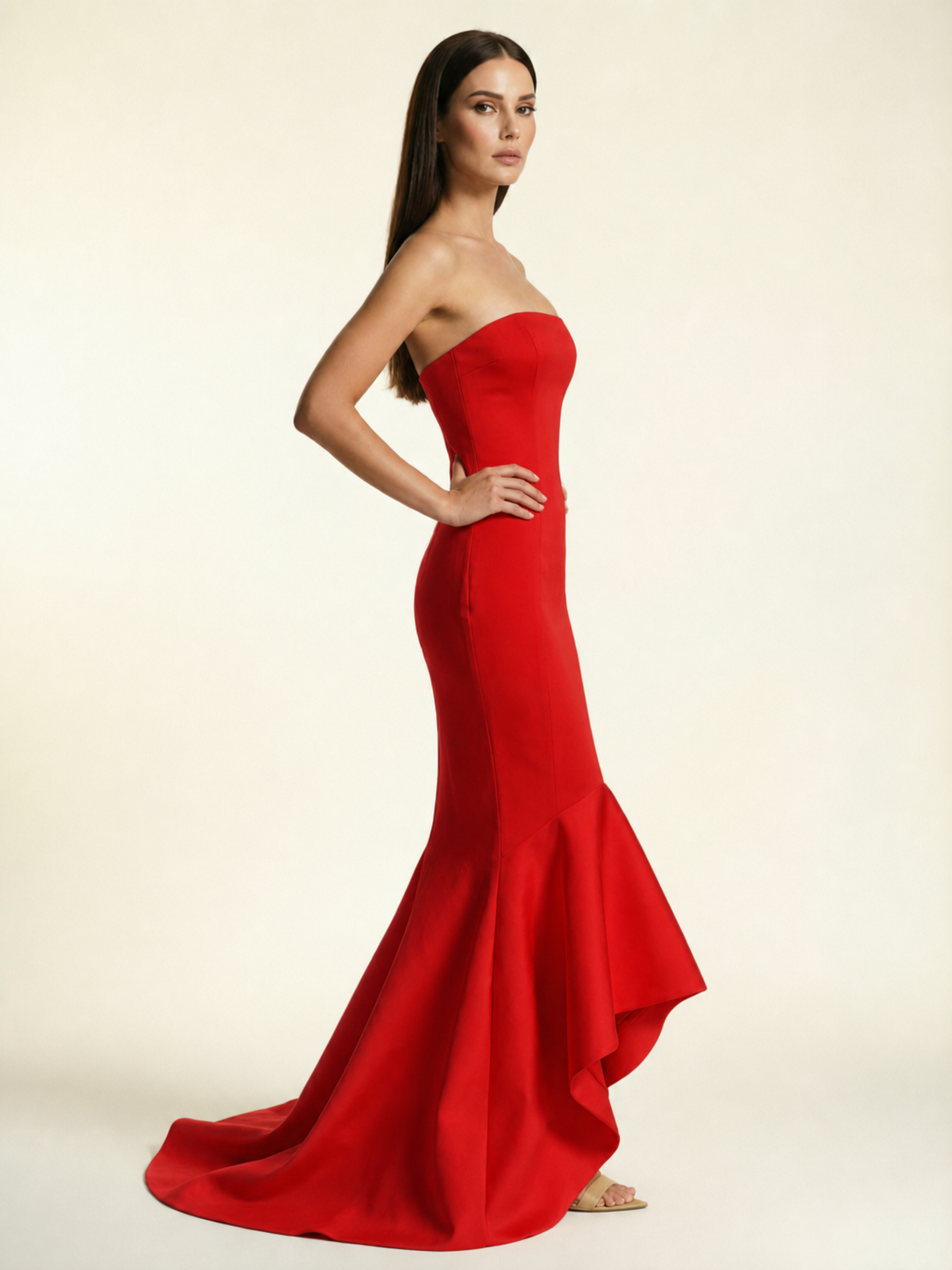 Strapless Satin Mermaid Dress With Ruffled Train & Lace-Up Back