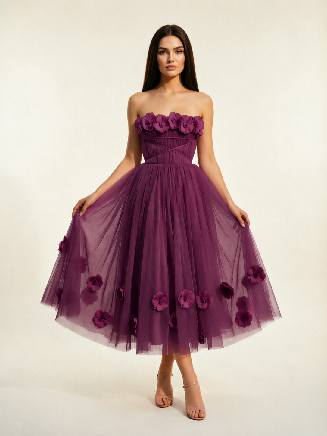 Strapless Tulle Midi Dress with 3D Floral Appliqués, Lace-Up Corset Back