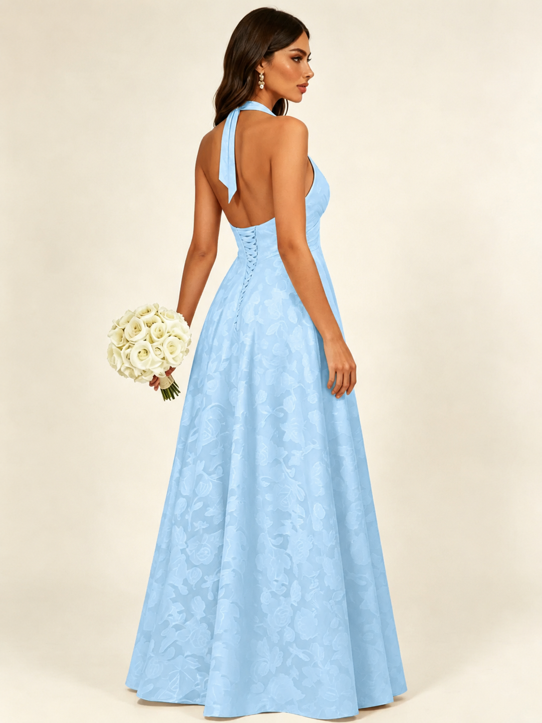 Floral Jacquard Halter Deep V A-Line Maxi Dress Backless Lace-Up Corset Bridesmaid Dress
