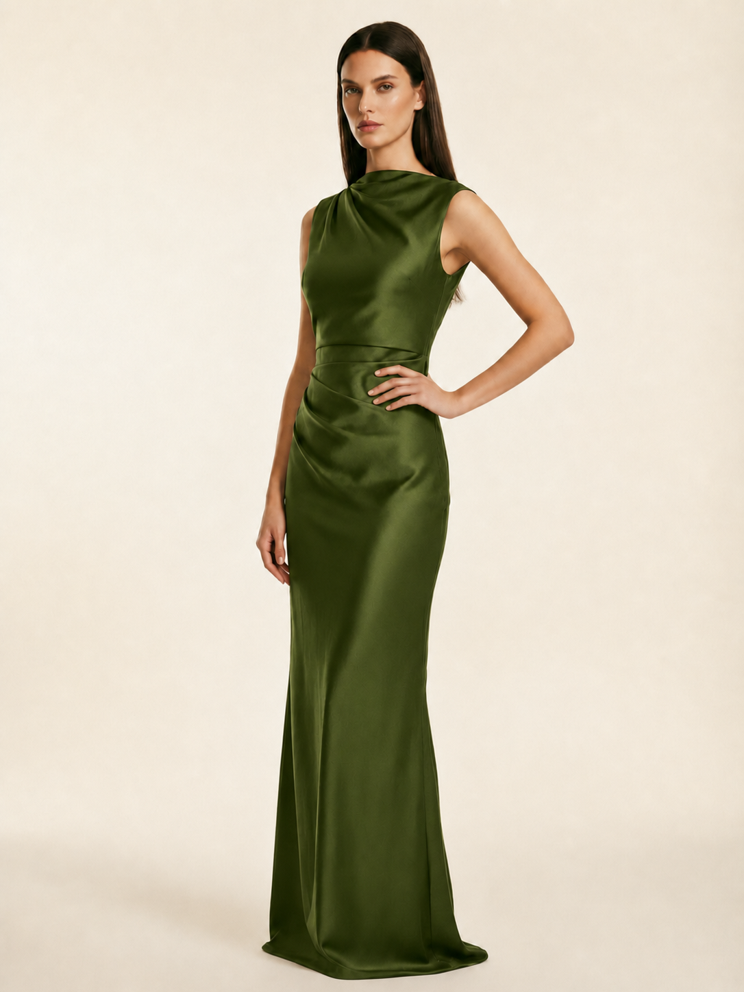 Sleeveless Draped Satin Mermaid Cutout Back Formal Dress