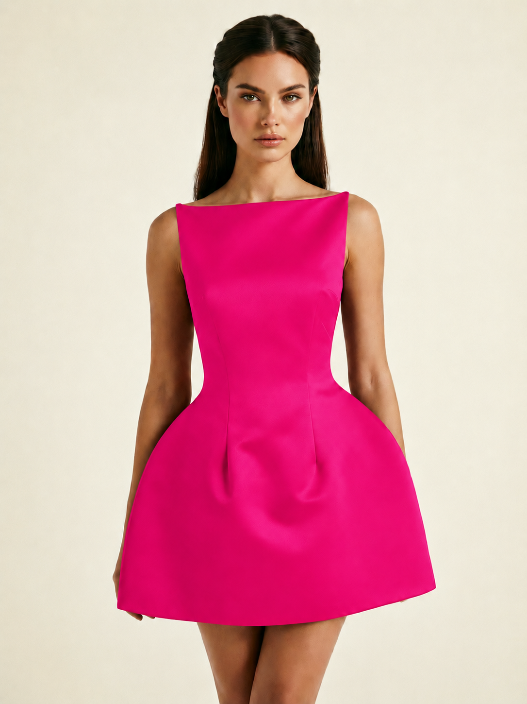 Satin Boat Neck Open Back Fit & Flare Mini Dress