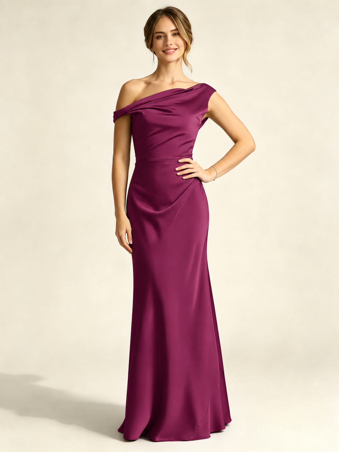 Satin Mermaid Bridesmaid Maxi Dress, Asymmetrical Off Shoulder Ruched Waist Open Back