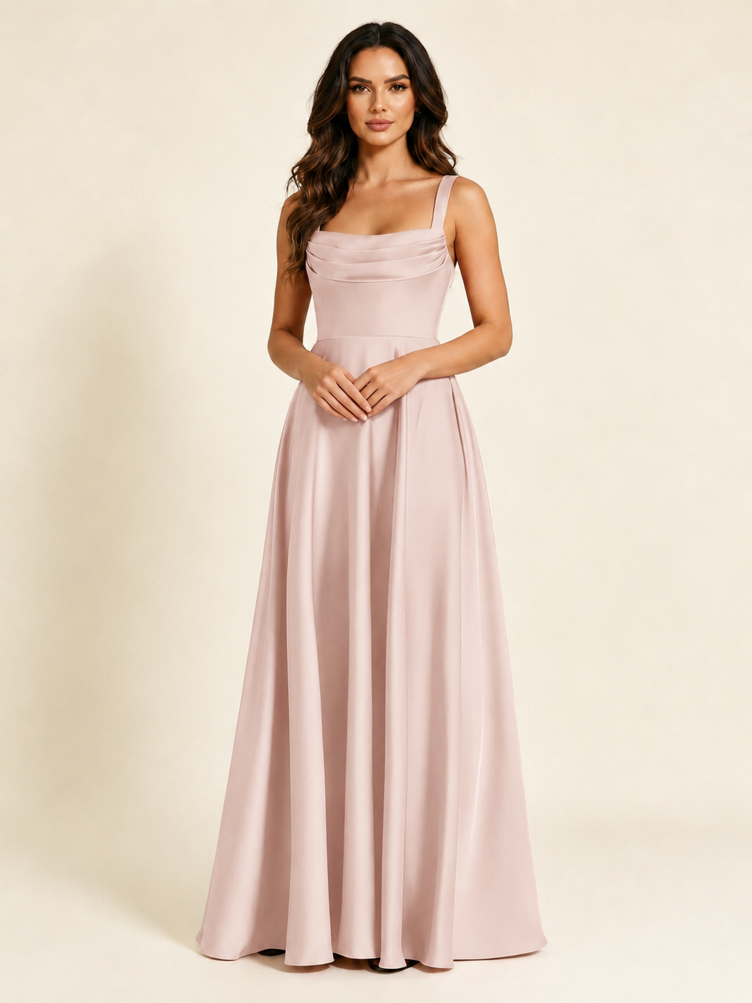 Satin Draped Cowl Square Neck A-Line Maxi Bridesmaid Dress