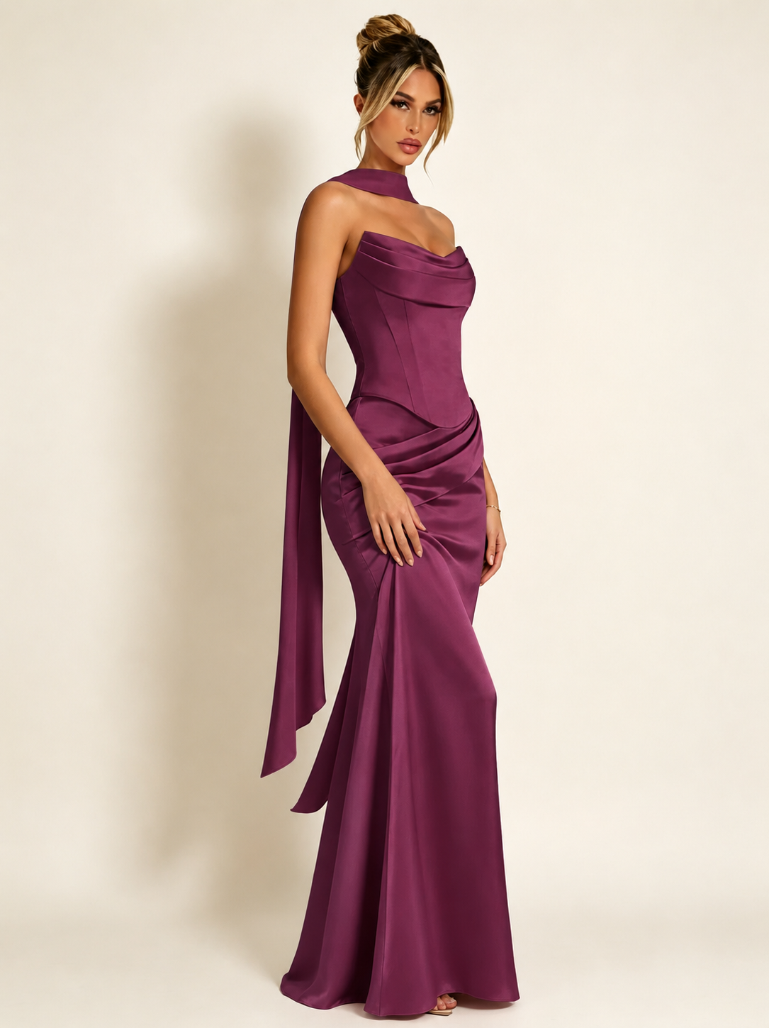 Satin Cowl Neck Mermaid Evening Dress with Corset Bodice and Draped Straps