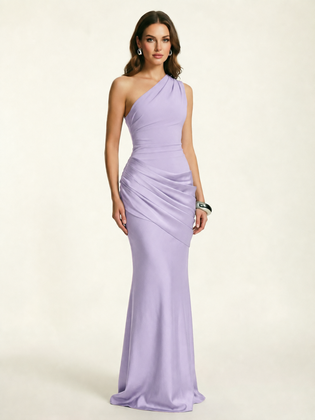 Single-shoulder satin floor-length evening dress