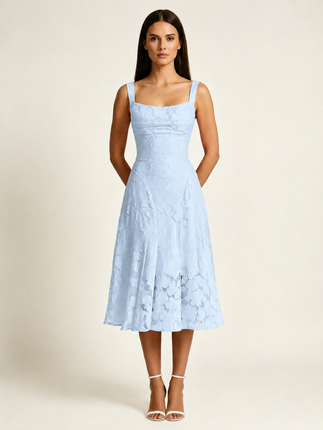 3D Floral Jacquard Square Neck Midi Dress