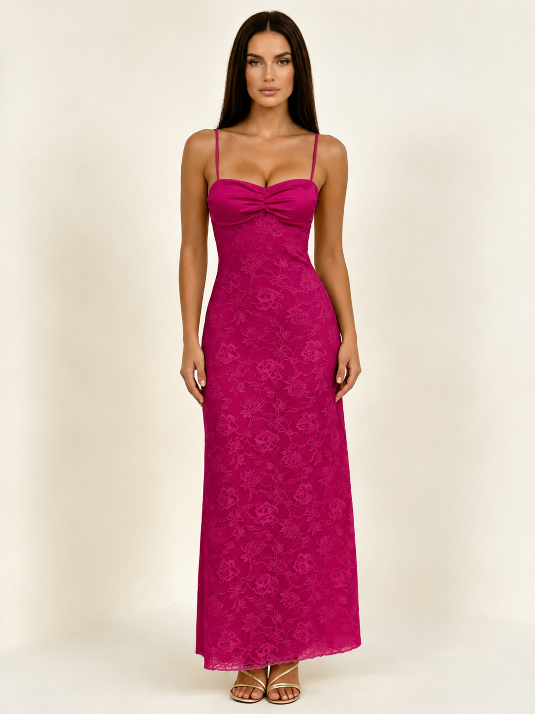 Satin Bust Lace Midi Maxi Dress, Spaghetti Strap Cross Lace Up Back Bridesmaid Dress