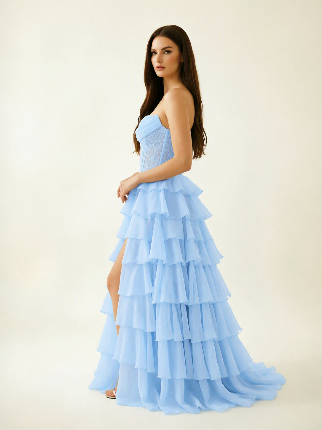 Strapless Lace Corset Tiered High Slit Prom Dress