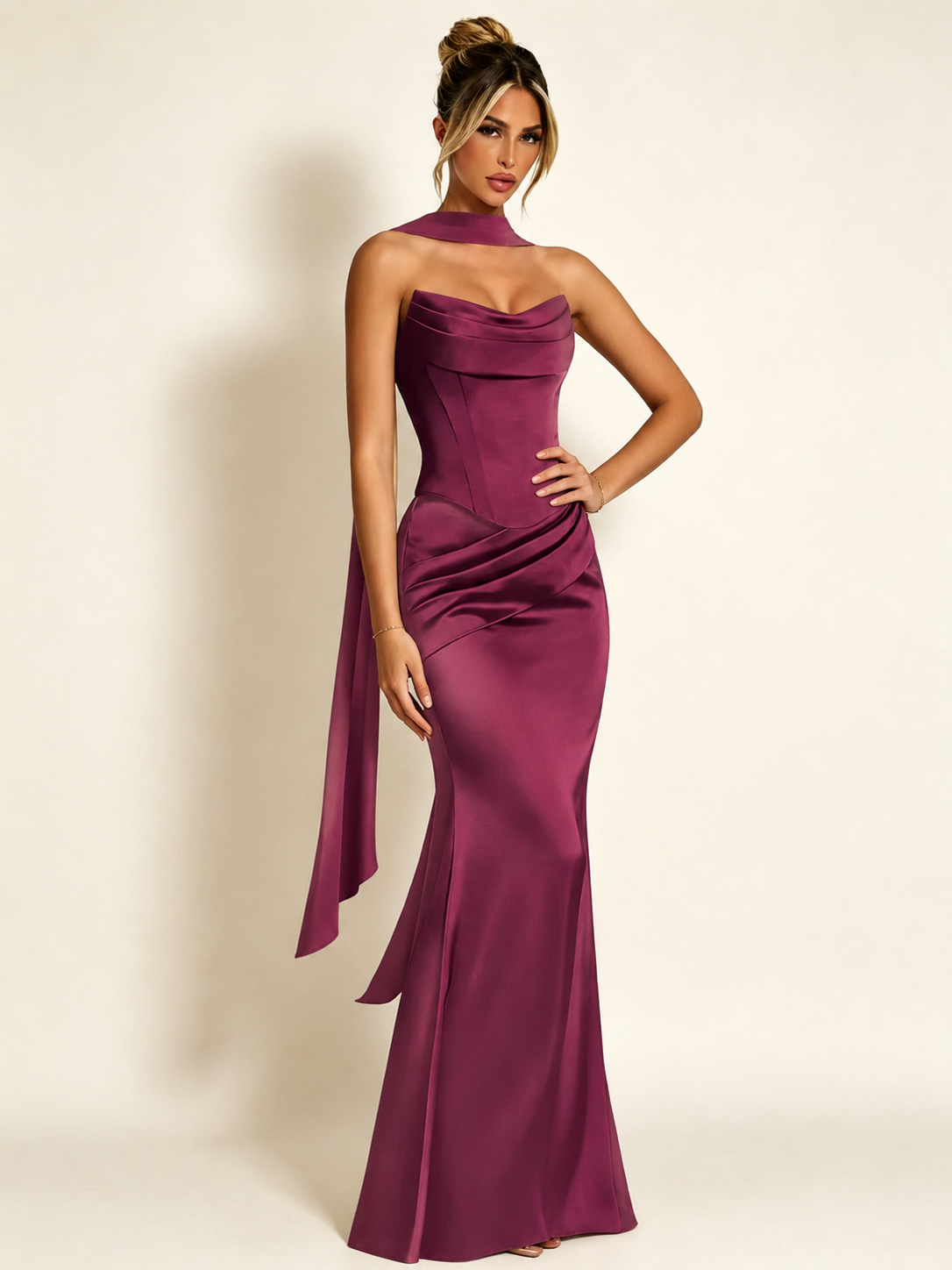 Satin Cowl Neck Mermaid Evening Dress with Corset Bodice and Draped Straps