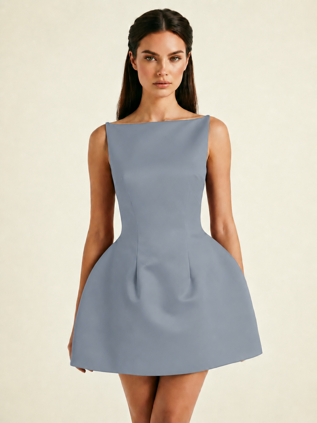 Satin Boat Neck Open Back Fit & Flare Mini Dress