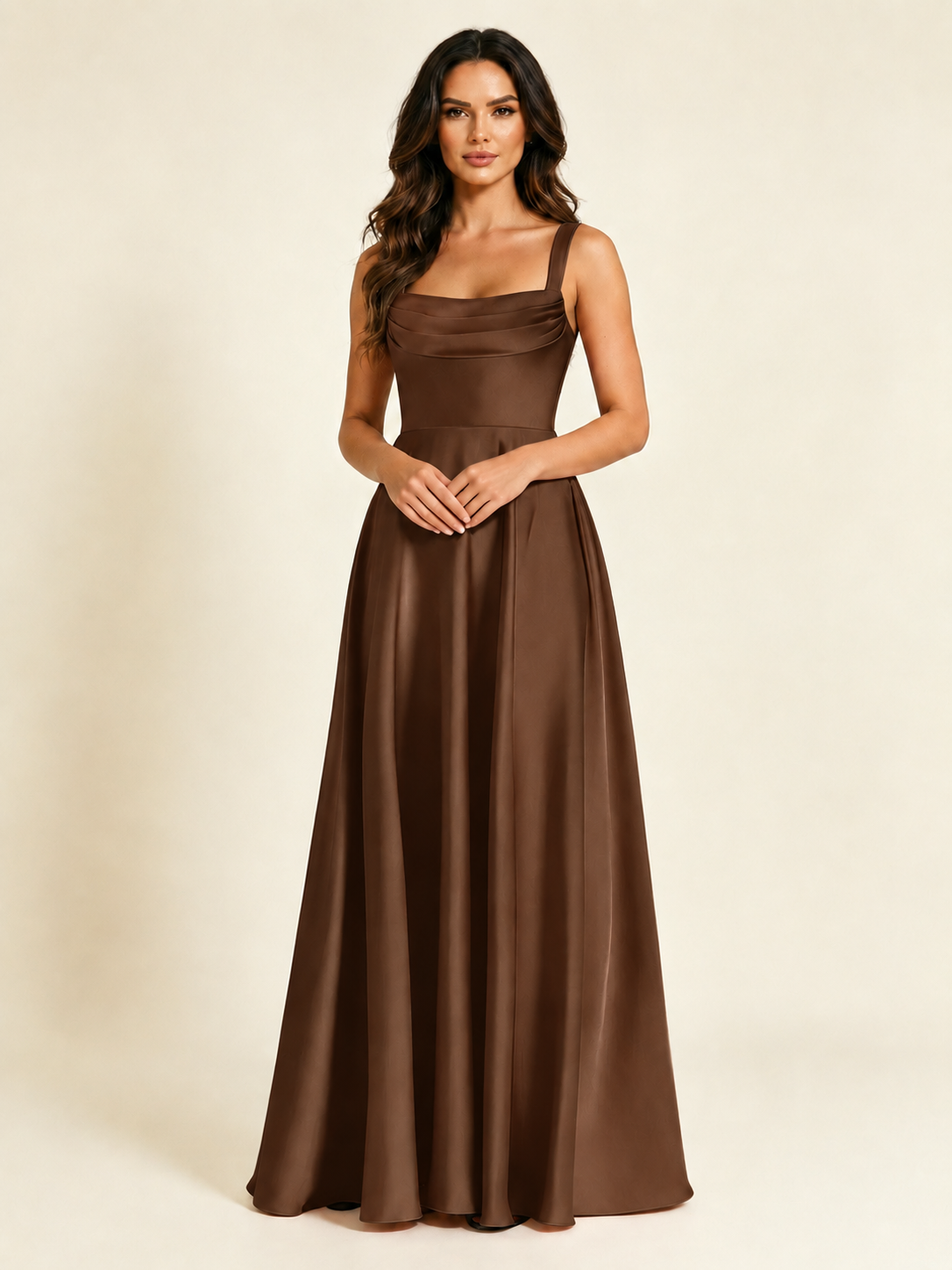 Satin Draped Cowl Square Neck A-Line Maxi Bridesmaid Dress