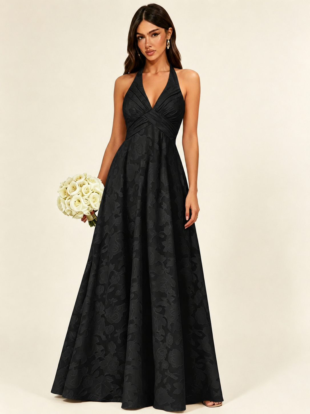 Floral Jacquard Halter Deep V A-Line Maxi Dress Backless Lace-Up Corset Bridesmaid Dress