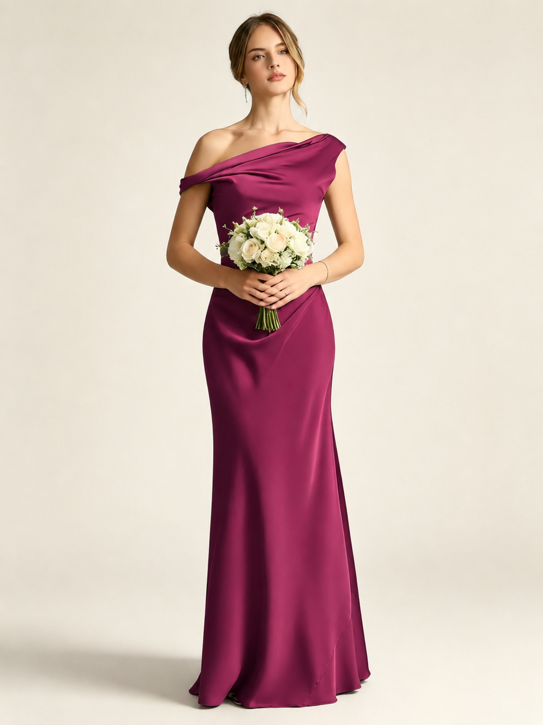 Satin Mermaid Bridesmaid Maxi Dress, Asymmetrical Off Shoulder Ruched Waist Open Back