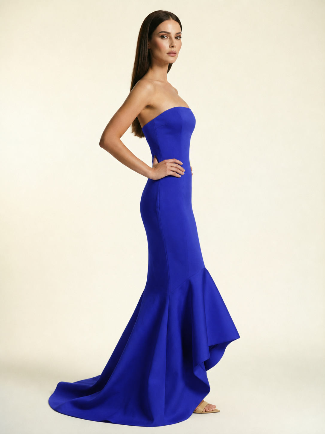 Strapless Satin Mermaid Dress With Ruffled Train & Lace-Up Back