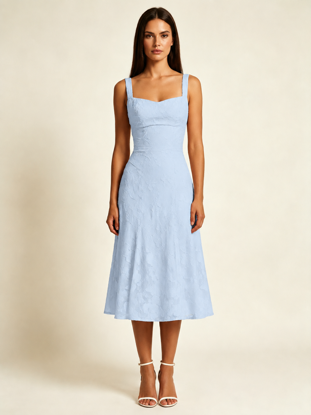 3D Floral Jacquard Square Neck Midi Dress