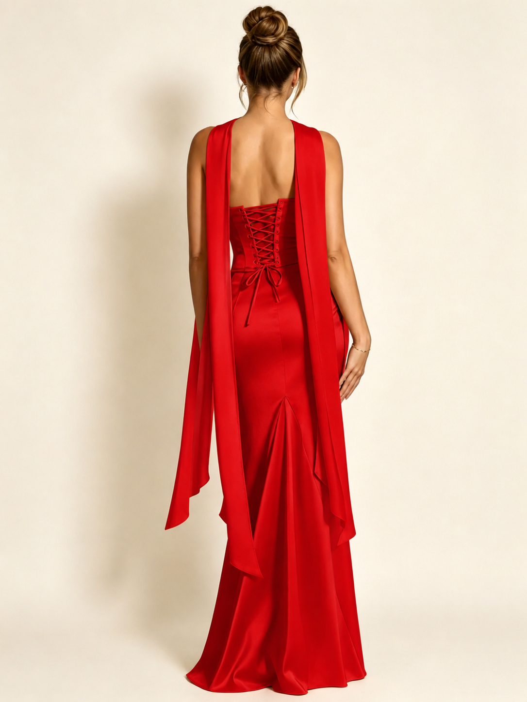 Satin Cowl Neck Mermaid Evening Dress with Corset Bodice and Draped Straps