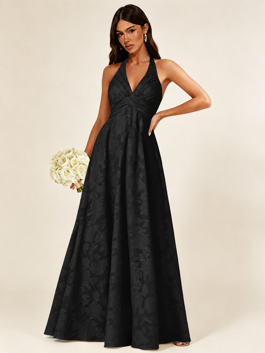 Floral Jacquard Halter Deep V A-Line Maxi Dress Backless Lace-Up Corset Bridesmaid Dress