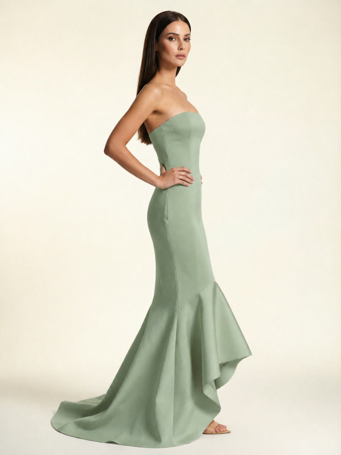 Strapless Satin Mermaid Dress With Ruffled Train & Lace-Up Back