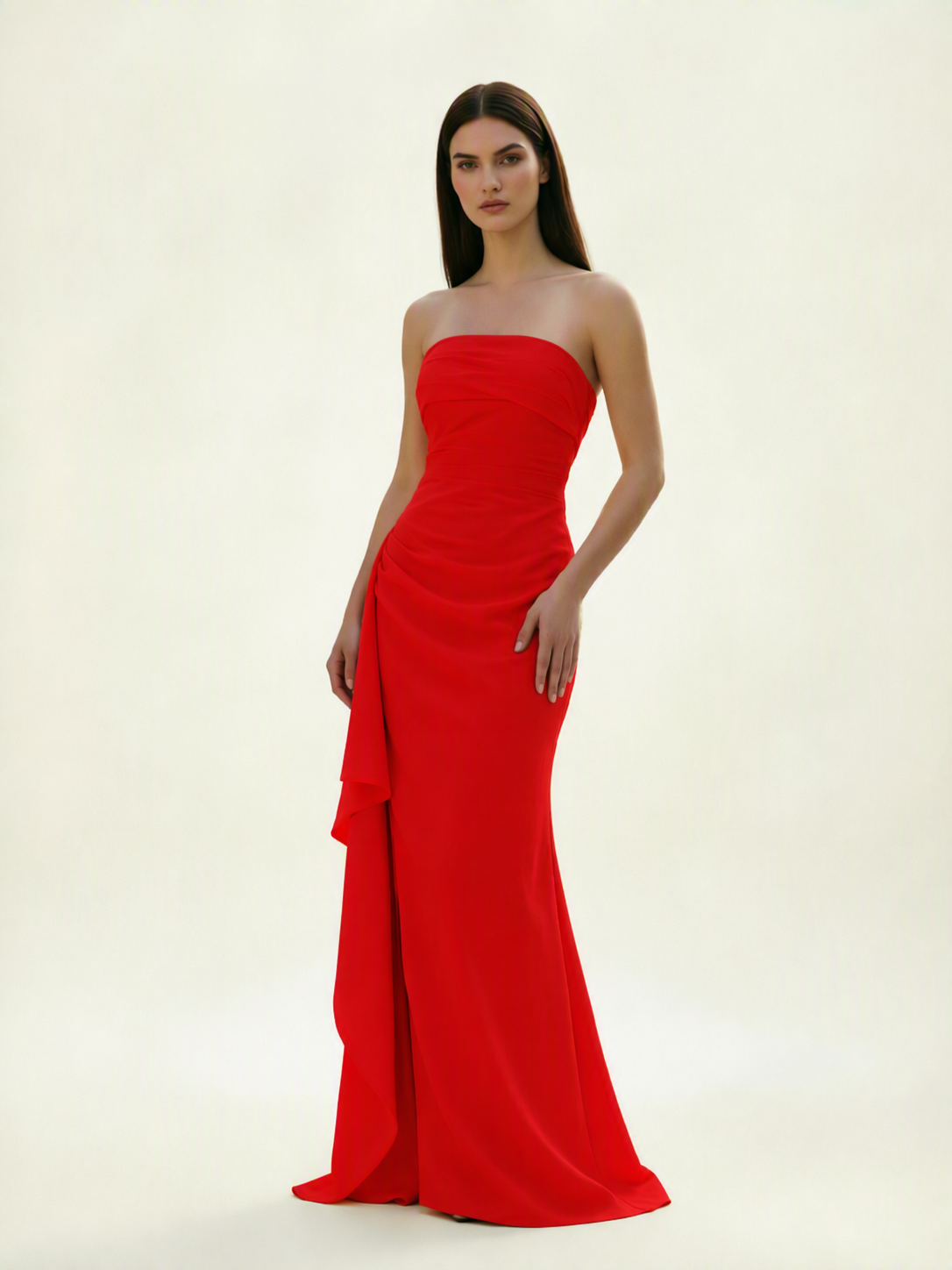 Strapless Mermaid Formal Gown with Side Slit & Draped Detail