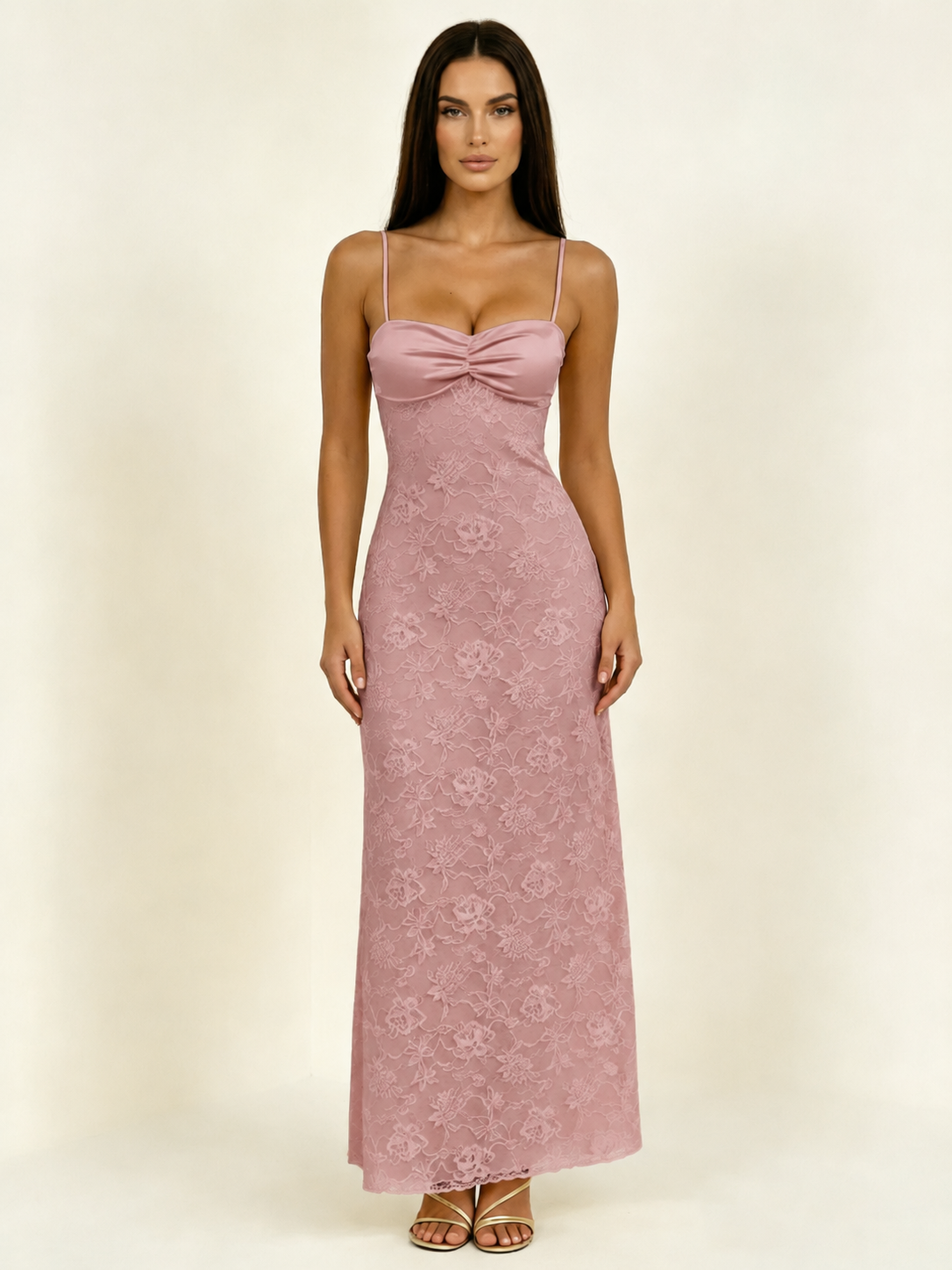 Satin Bust Lace Midi Maxi Dress, Spaghetti Strap Cross Lace Up Back Bridesmaid Dress