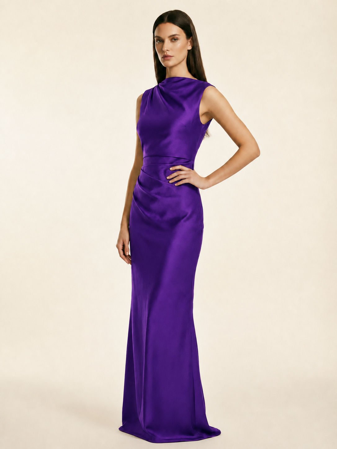 Sleeveless Draped Satin Mermaid Cutout Back Formal Dress