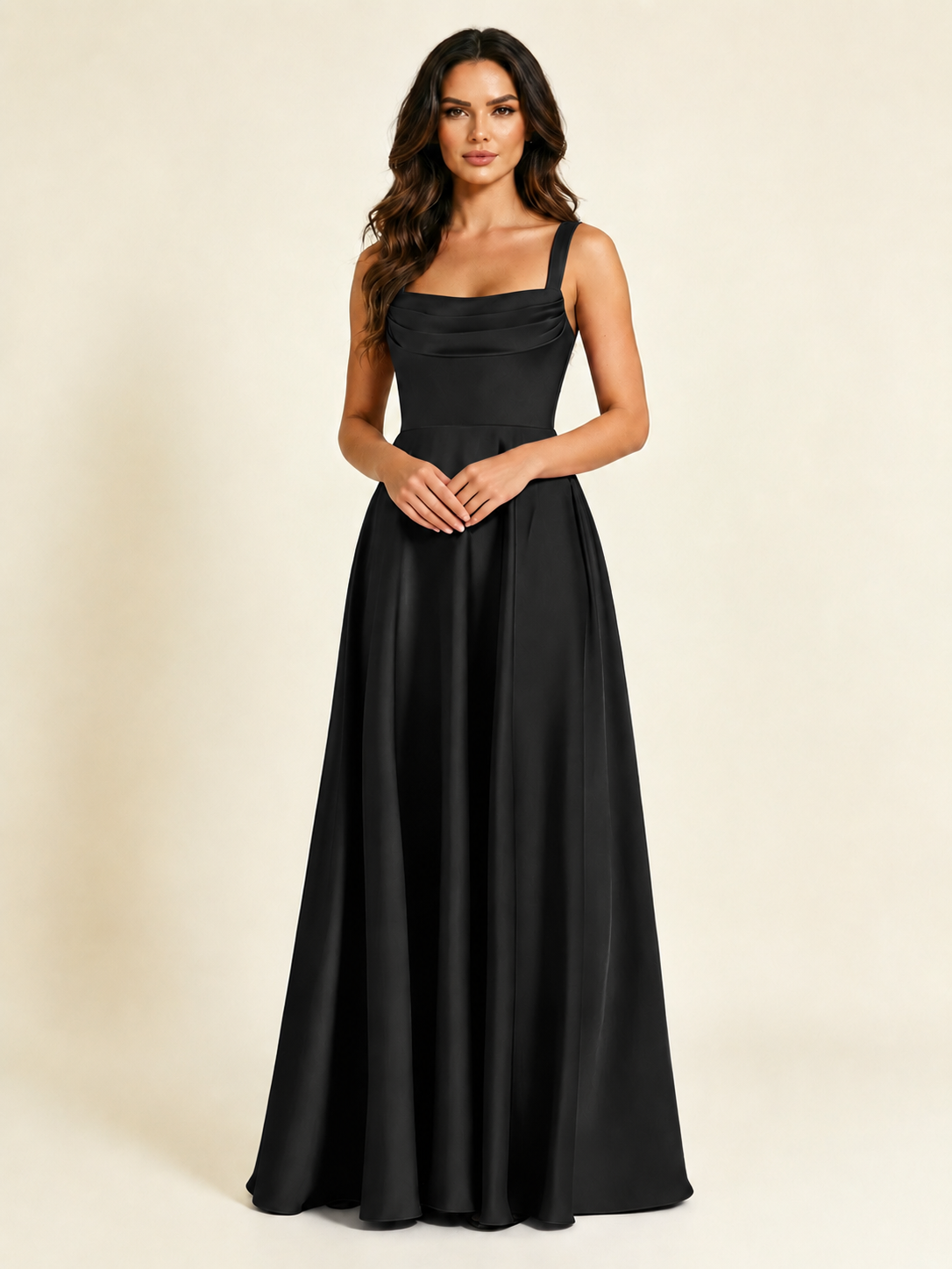 Satin Draped Cowl Square Neck A-Line Maxi Bridesmaid Dress