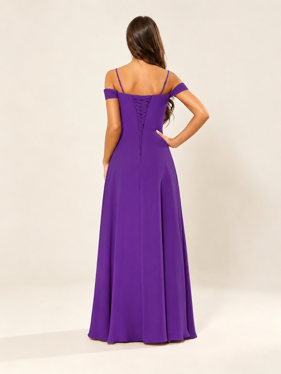 Off shoulder chiffon bridesmaid dress with high slit ruffle