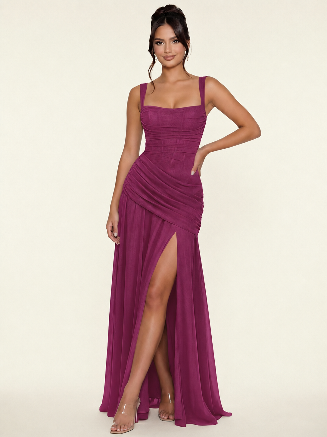 Adjustable Strap Shiny Draped Formal Maxi Dress with Corset Lace Up Back