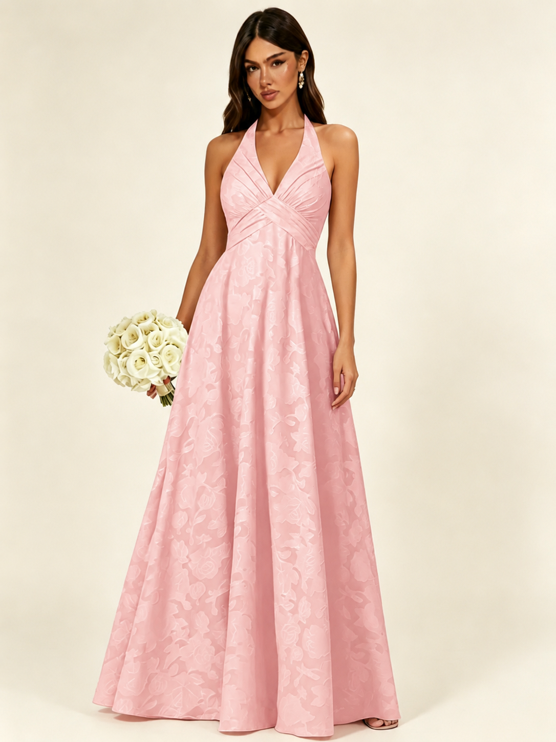 Floral Jacquard Halter Deep V A-Line Maxi Dress Backless Lace-Up Corset Bridesmaid Dress