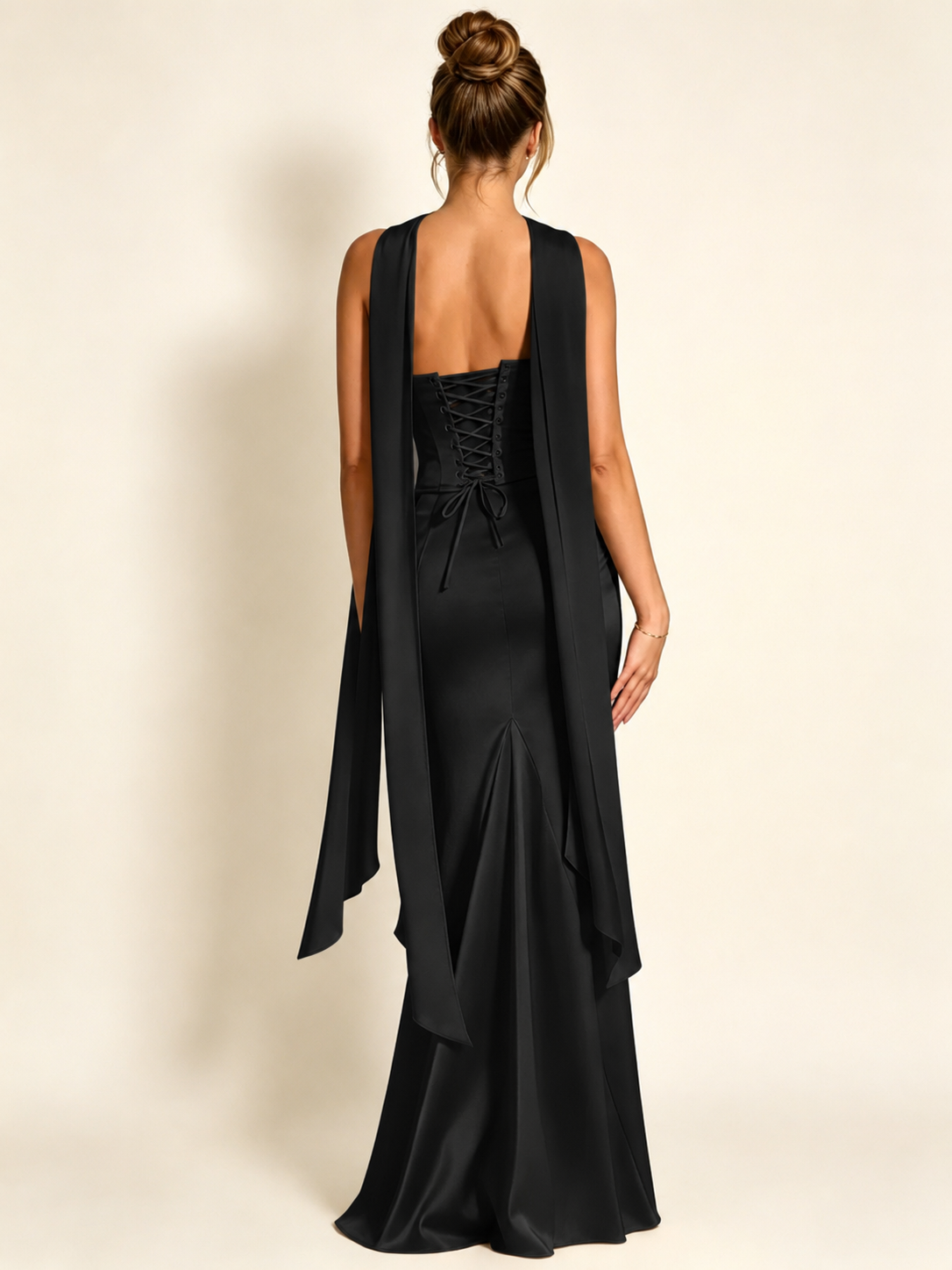 Satin Cowl Neck Mermaid Evening Dress with Corset Bodice and Draped Straps
