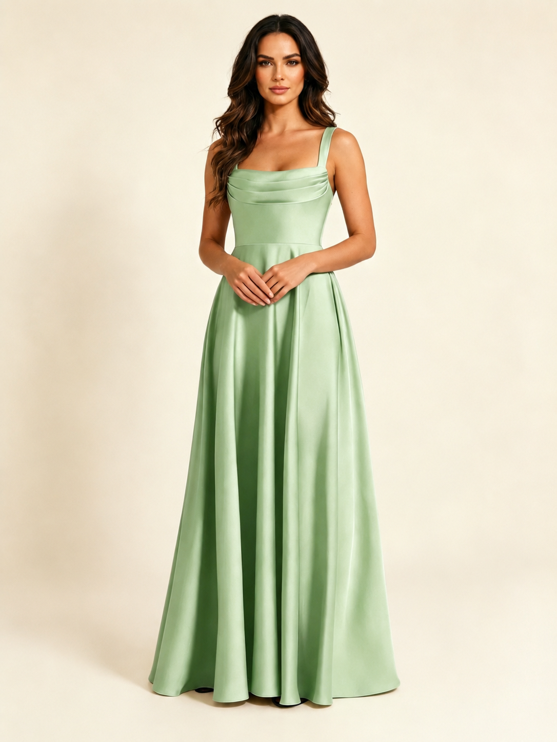 Satin Draped Cowl Square Neck A-Line Maxi Bridesmaid Dress