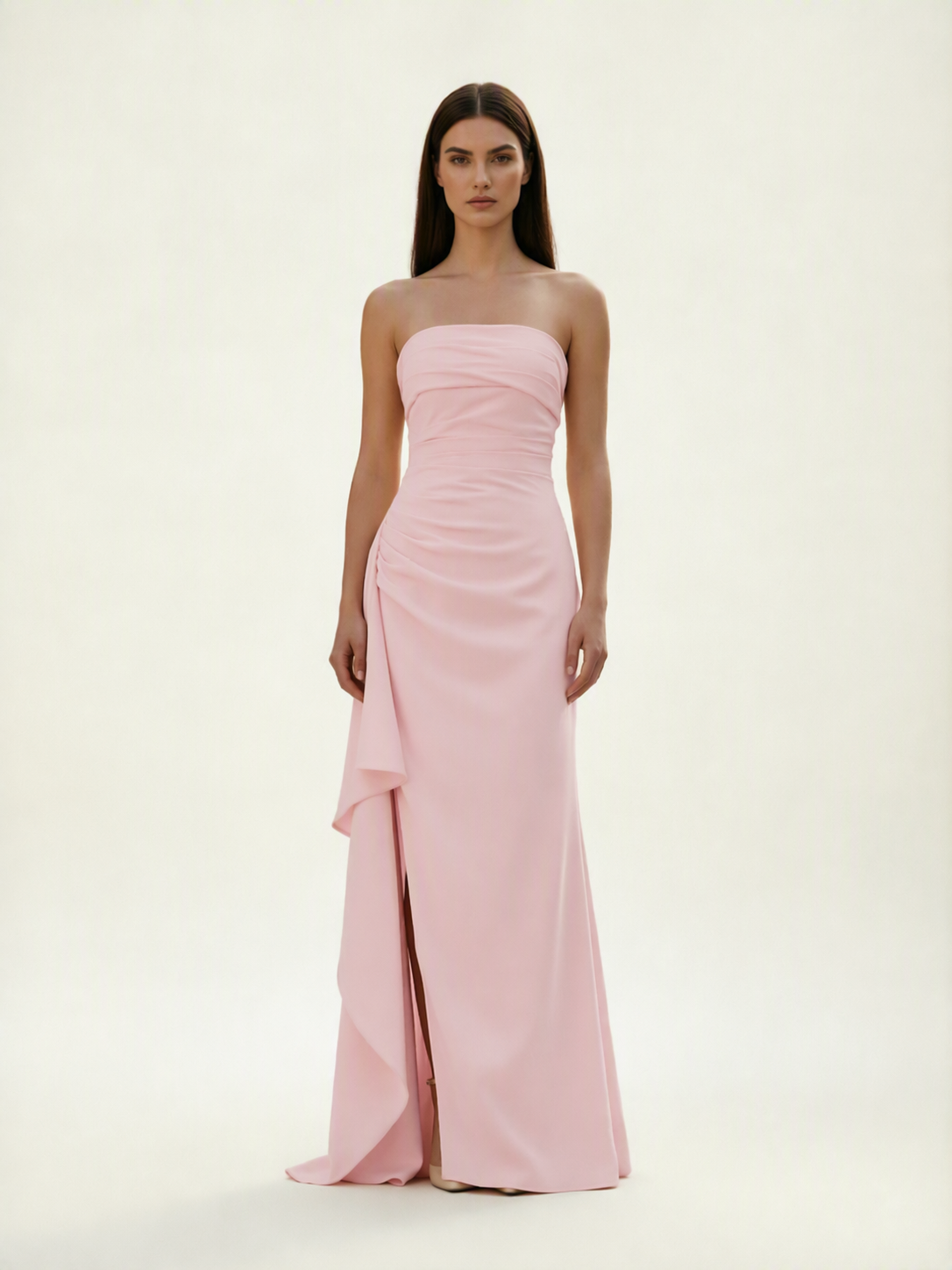 Strapless Mermaid Formal Gown with Side Slit & Draped Detail
