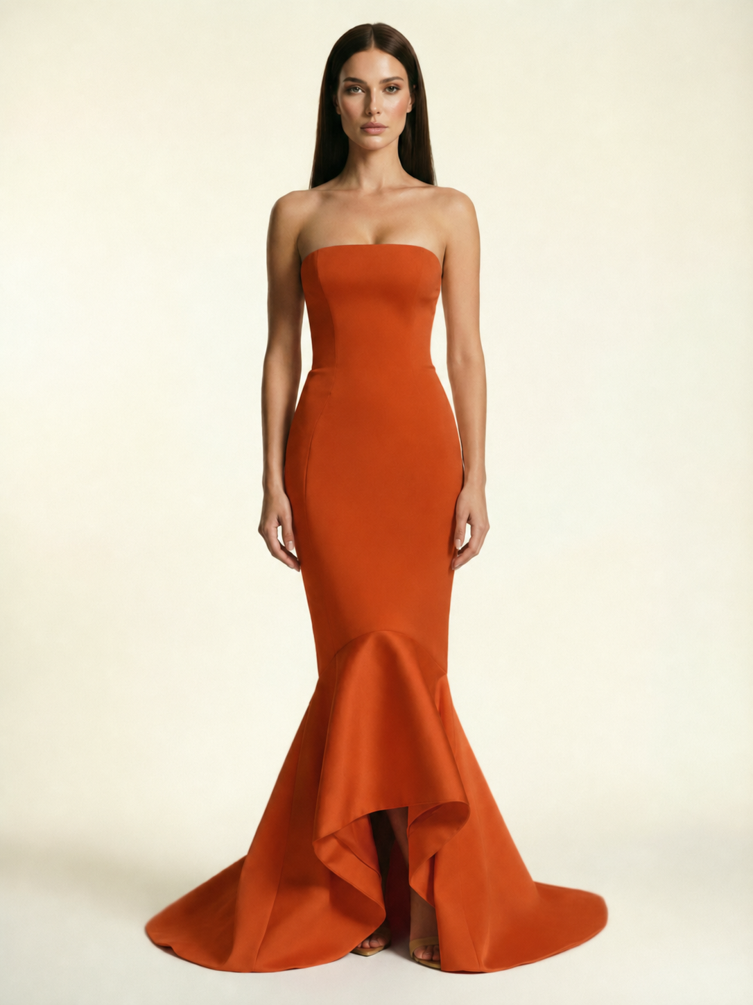 Strapless Satin Mermaid Dress With Ruffled Train & Lace-Up Back