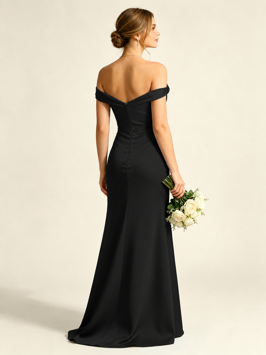 Satin Mermaid Bridesmaid Maxi Dress, Asymmetrical Off Shoulder Ruched Waist Open Back