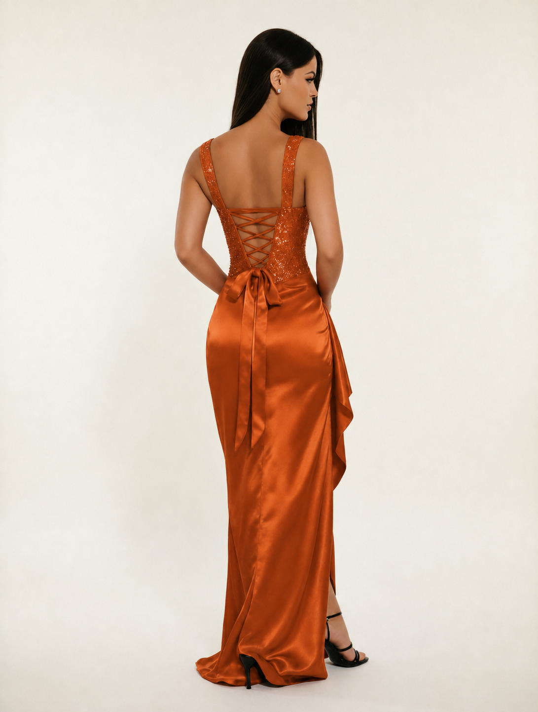 Sequin Corset Satin High Slit Formal Maxi Dress