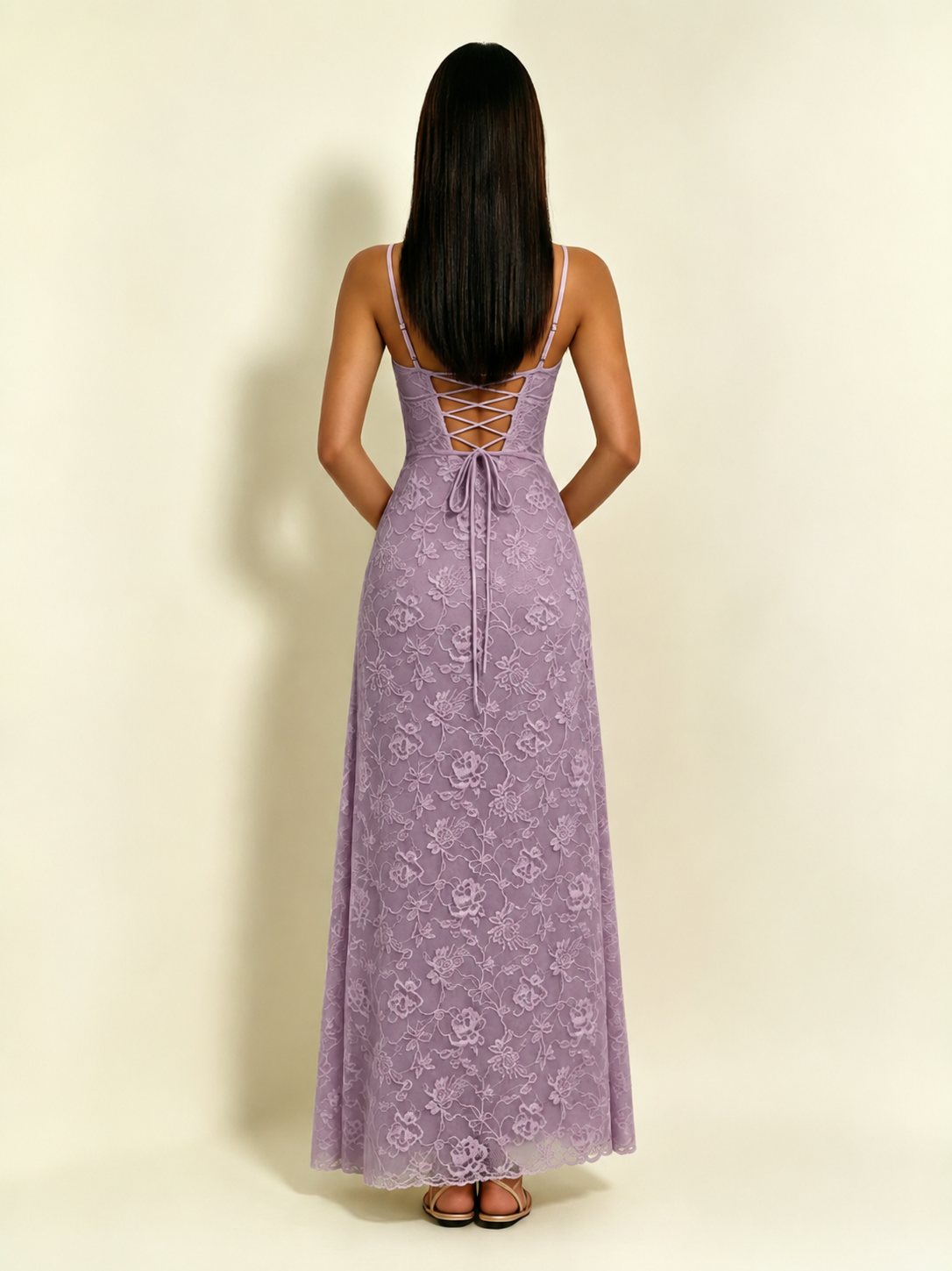 Satin Bust Lace Midi Maxi Dress, Spaghetti Strap Cross Lace Up Back Bridesmaid Dress