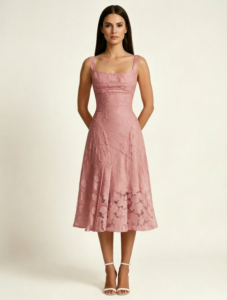 3D Floral Jacquard Square Neck Midi Dress