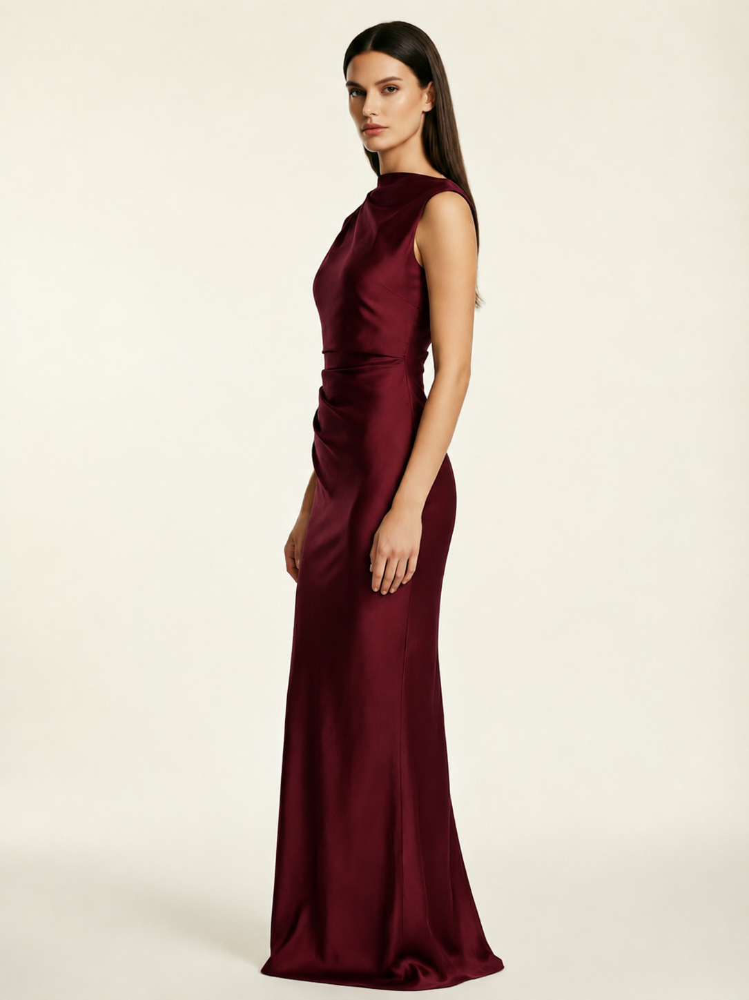 Sleeveless Draped Satin Mermaid Cutout Back Formal Dress
