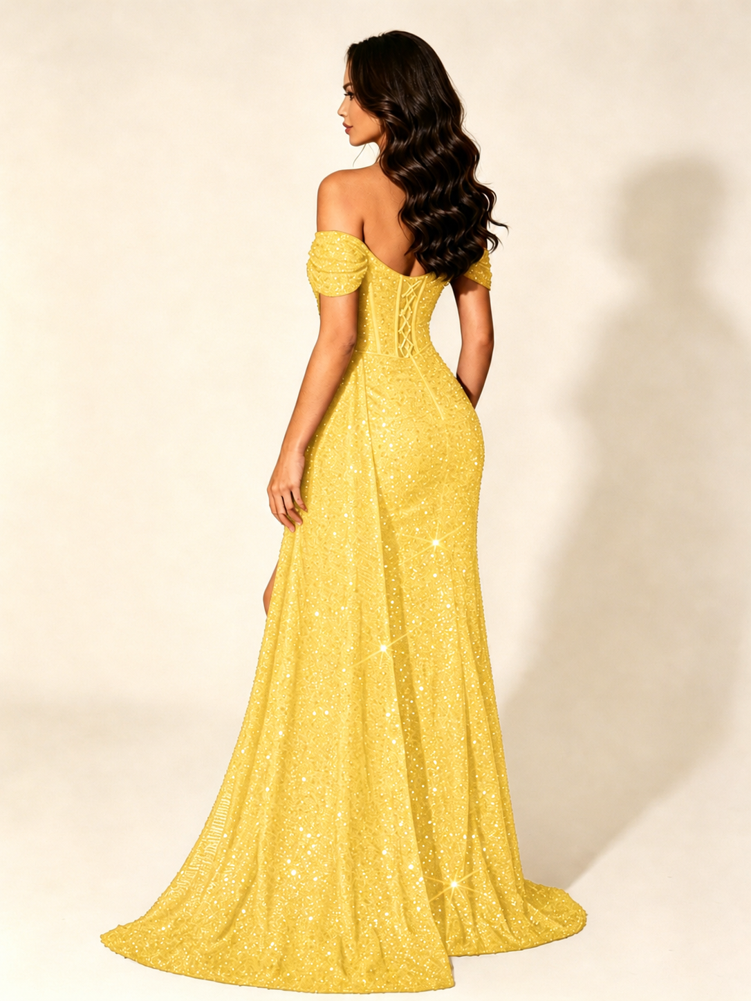 Off Shoulder Sequin High Slit Dress with Train