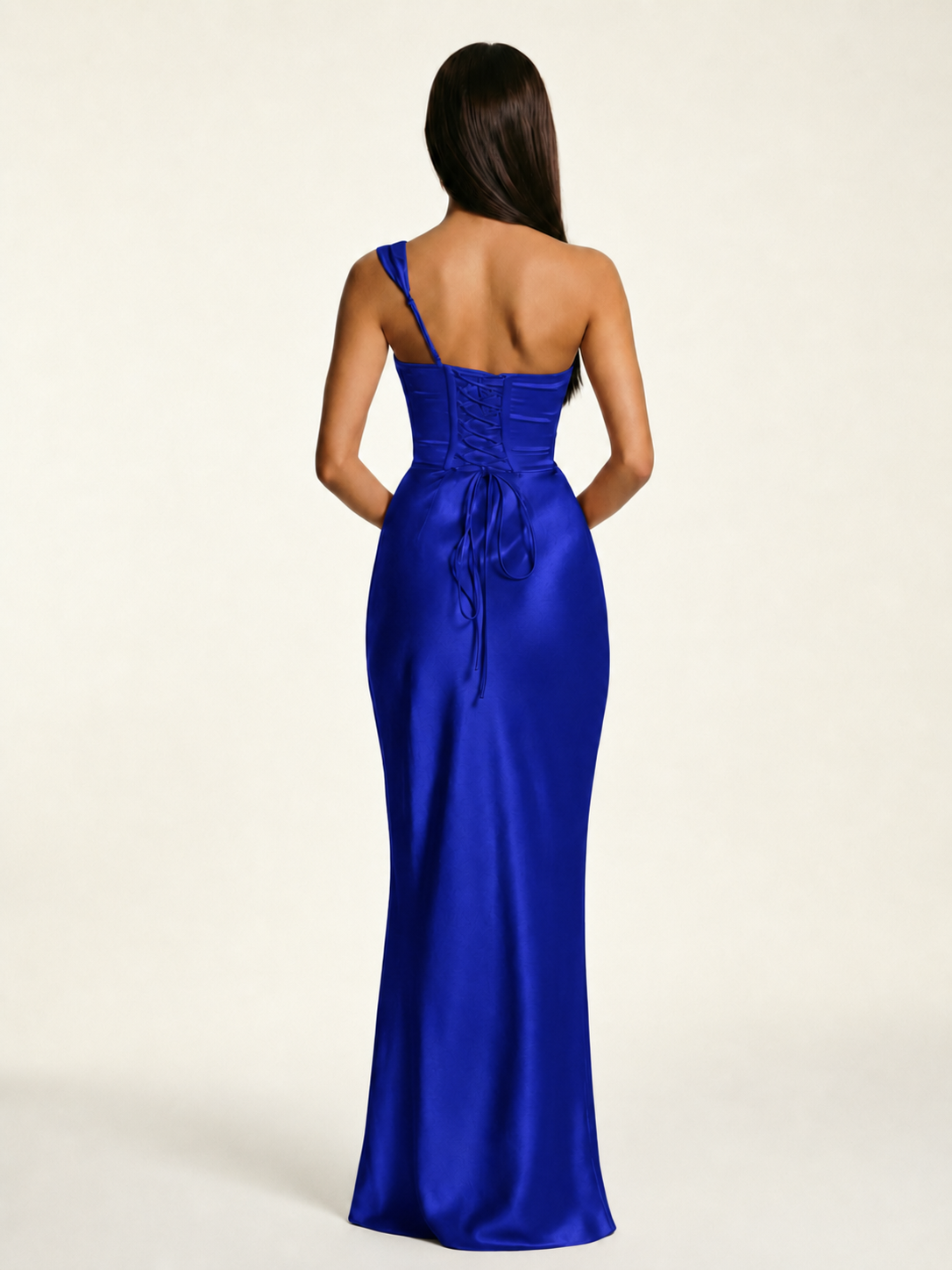 Single-shoulder satin back strap design formal dress